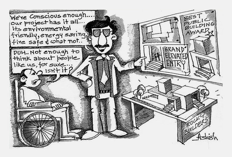 A builder showing elaborate building plans with no accessibility features to a man on a wheelchair