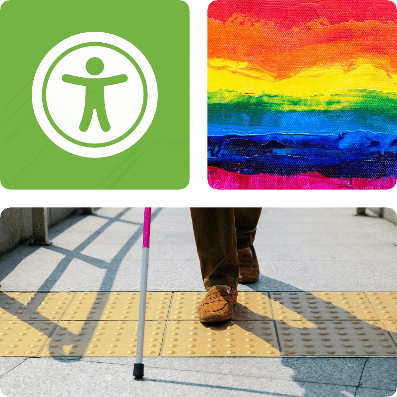 Collage of Universal Access icon, pride colours and a blind person walking over tactile floor markings