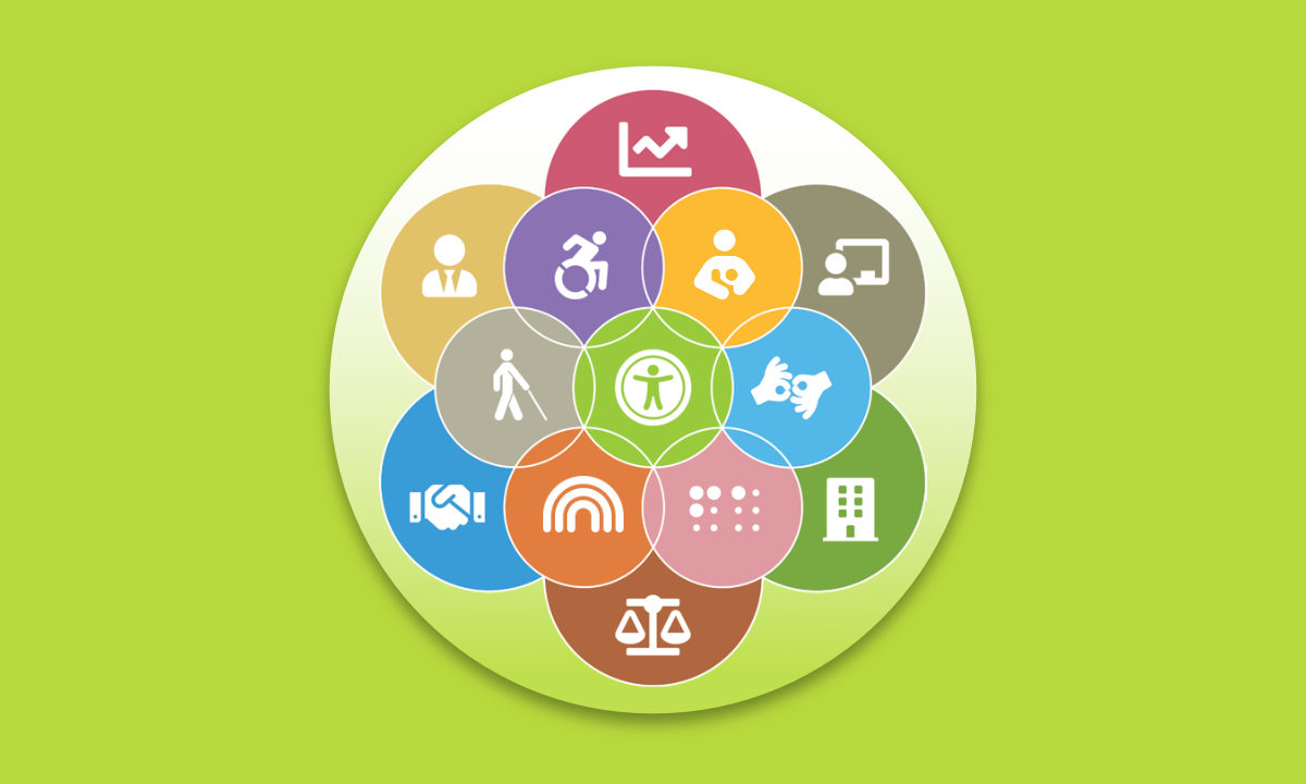 A flower-like collage of business and accessibility related icons