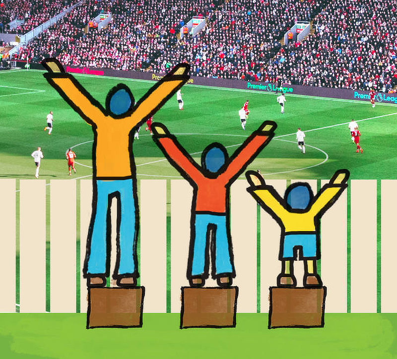 Persons of different heights: tall, medium and short (each standing on one box) watching a football match from behind a wooden fence